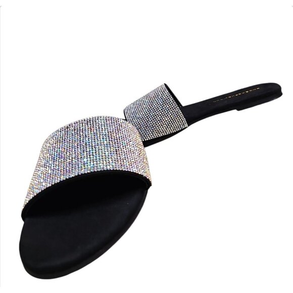 Rhinestone Embellished Slide Sandals Black Sole Multicolor Sparkle Band - Picture 4 of 6
